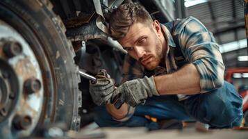 Auto mechanic in uniform and gloves repairs the truck wheel photo