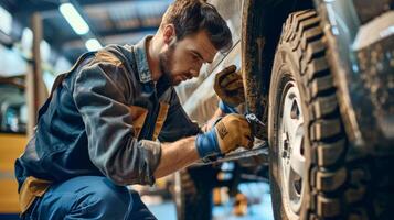Auto mechanic changing car tire with wrench photo