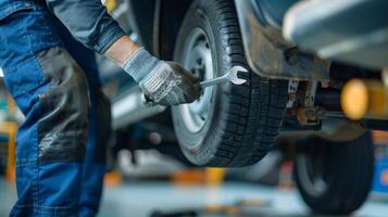 Auto mechanic changing a tire with a wrench. photo