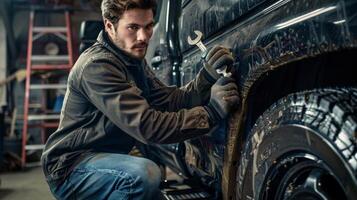 A mechanic kneels next to an off-road vehicle to inspect the tire. photo