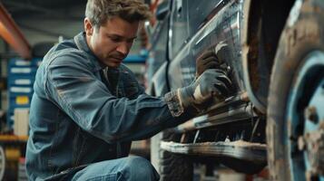Auto mechanic in dirty work clothes is repairing a car photo