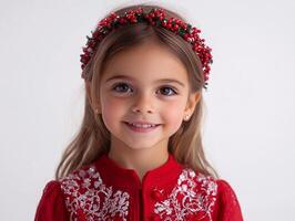 A little girl in a red dress with a headband photo