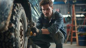 Handsome mechanic changing tire in auto repair shop photo
