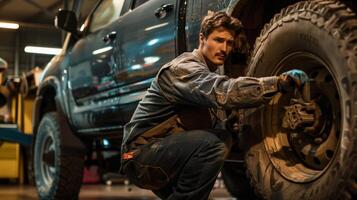 Auto mechanic changing a tire with a lug wrench. photo
