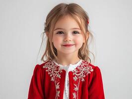 A little girl in a red sweater and white dress photo