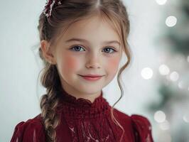 A little girl with braids and a red dress photo