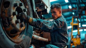 Mechanic in uniform changing truck wheel photo
