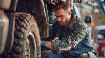 A man is repairing a tire. photo