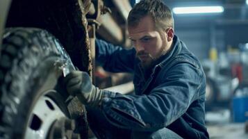 Mechanic in uniform changing car tire with wrench in auto repair shop photo
