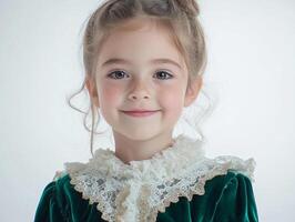 A little girl in a green dress and white collar photo