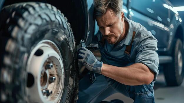 Auto mechanic changing a tire with a wrench. photo