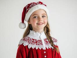 A little girl in a red christmas sweater and hat photo