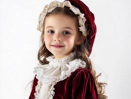 A little girl dressed in a red velvet dress and a white bonnet photo