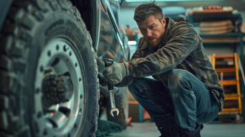 A man is changing a tire on his car. photo