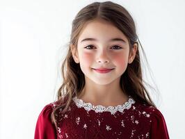 A young girl in a red dress smiling photo