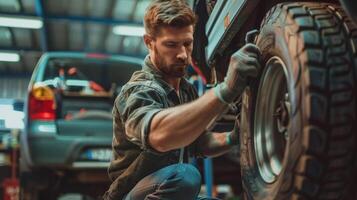 Mechanic in uniform changing tire with tire iron photo