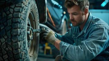 A mechanic in a blue shirt is installing a new tire on a car. photo