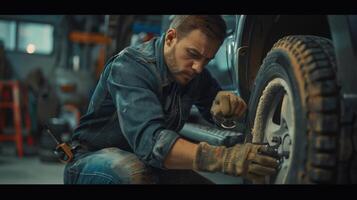 Mechanic in dirty work clothes changing tire in garage photo