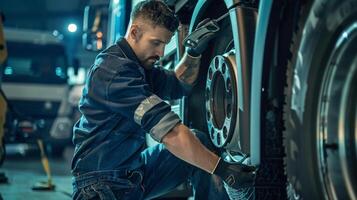 Mechanic in uniform changing truck wheel in auto service photo