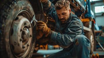 Mechanic in dirty work clothes changing truck wheel photo