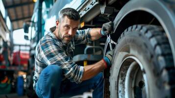 Mechanic in uniform fixing a tire on a semi truck photo