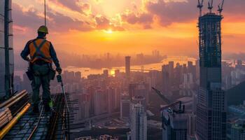 Construction worker standing on a building under construction at sunset. photo