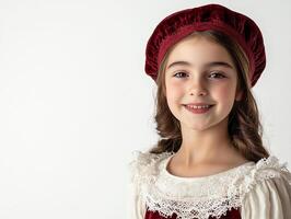 A little girl in a red dress and a red beret photo