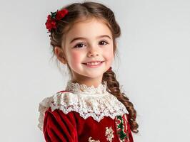 A little girl in a red dress and red bow photo