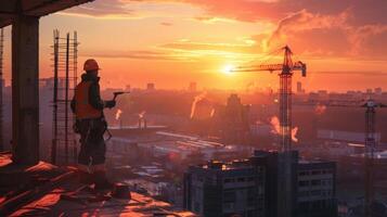 Construction worker on a building site at sunset photo