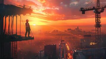 The construction worker is standing on the top of the building and looking at the sunset. photo