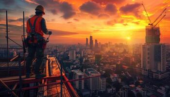 Construction worker on a building under construction at sunset. photo