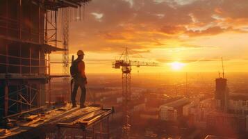 The image shows a post-apocalyptic cityscape with a lone figure standing on a rooftop, looking out over the ruins photo