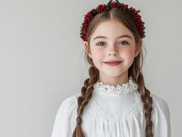 A little girl with braids wearing a christmas wreath photo