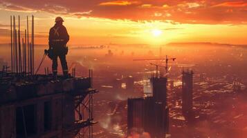The image shows a construction worker standing on a rooftop overlooking a city at sunset. photo