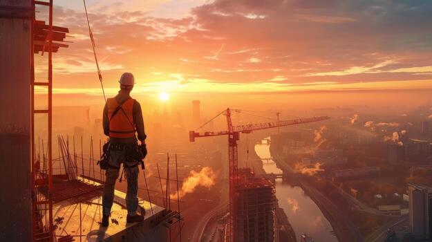 Construction worker standing on a building under construction and looking at the sunset. photo