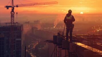 Construction worker standing on a building under construction at sunset. photo