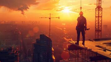 Construction worker standing on a building under construction at sunset. photo