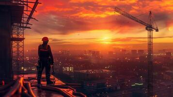 The construction worker is standing on the top of the building and looking at the sunset. photo