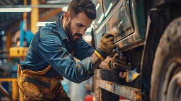 A mechanic in a blue jumpsuit is repairing a car. photo