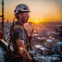Construction worker wearing safety harness and hardhat standing on a building under construction and looking at the sunset. photo