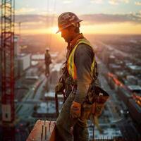 Construction worker standing on a beam high above the city. photo