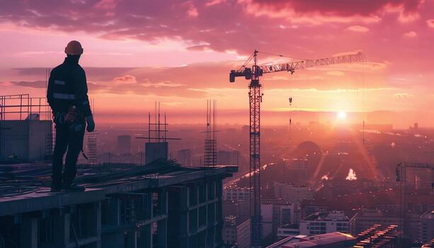 The photo shows a man standing on the edge of a building, looking out over a city