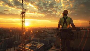Construction worker on a building under construction at sunset photo