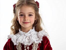 A little girl in a red dress and white collar photo