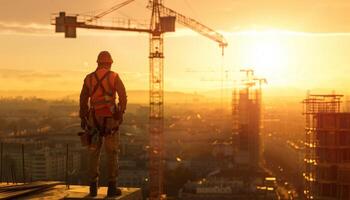 Construction worker standing on the edge of a building under construction and looking at the city photo