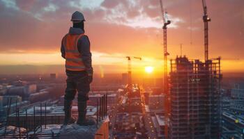Construction worker standing on the top of building and looking at sunset. photo