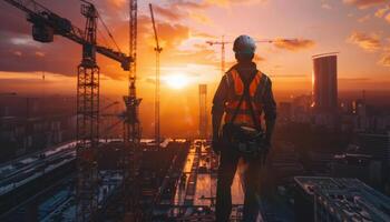 Construction worker standing on a building under construction and watching the sunset. photo