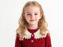 A little girl wearing a red sweater and white shirt photo