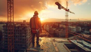 Construction worker standing on a building under construction and watching the sunset. photo