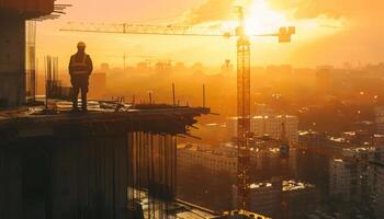 Construction worker standing on a building under construction at sunset photo